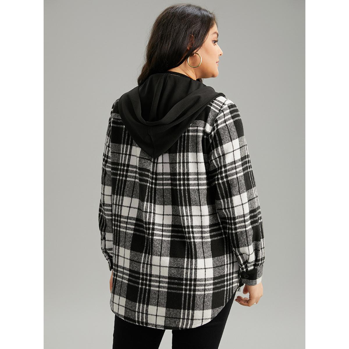 Plus Size Plaid Patchwork Zipper Contrast Hooded Jacket Women Black Contrast Pocket Everyday Jackets BloomChic 30/6X Product Image