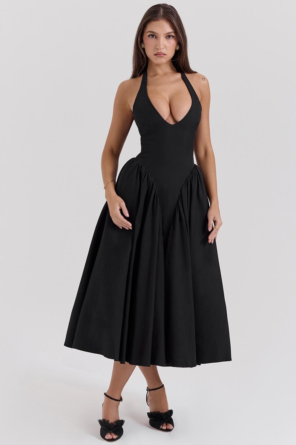 Marilyn Black Twill Halter Midi Dress Product Image