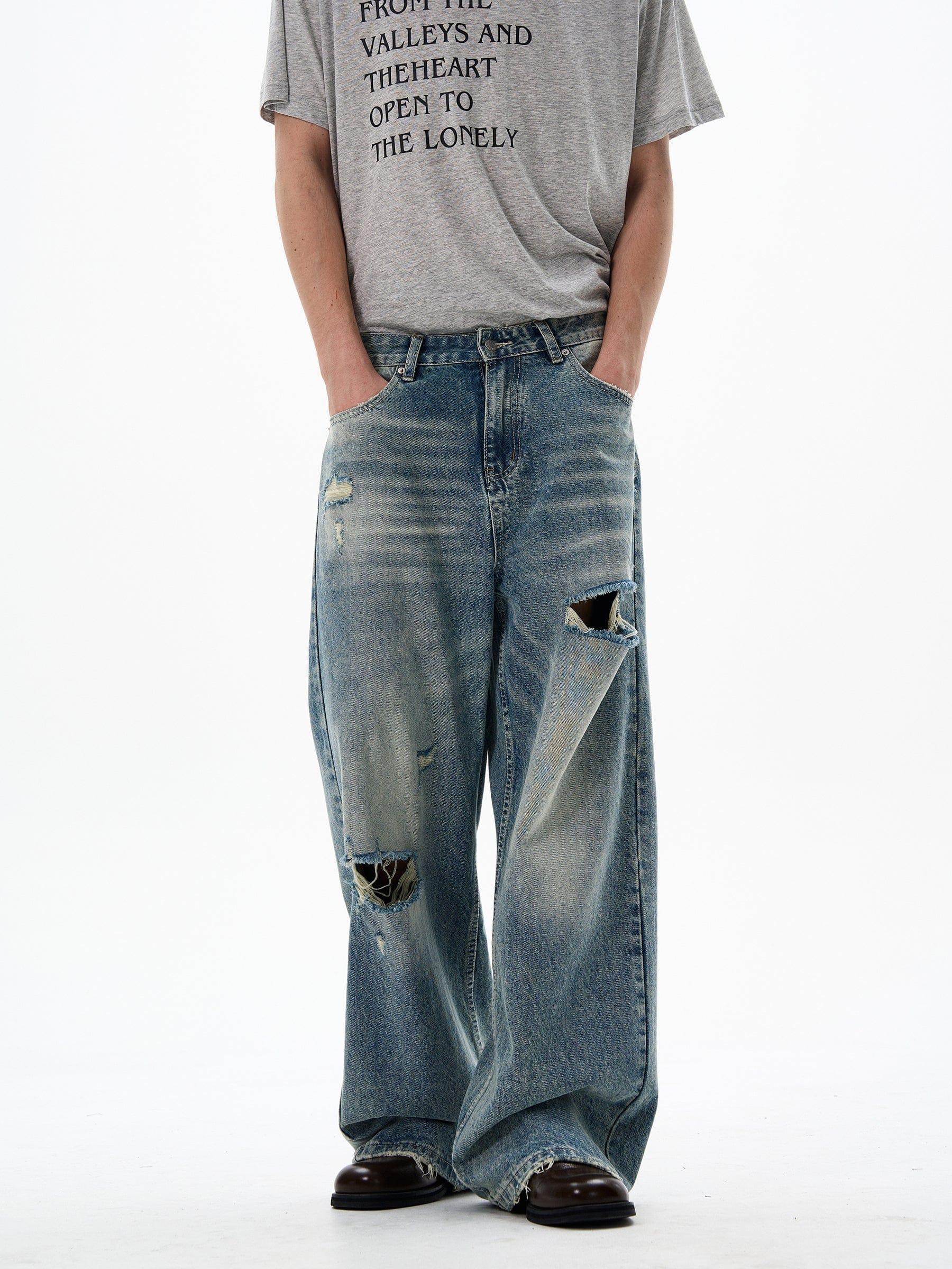 RT No. 12687 DISTRESSED BLUE DENIM STRAIGHT JEANS Product Image
