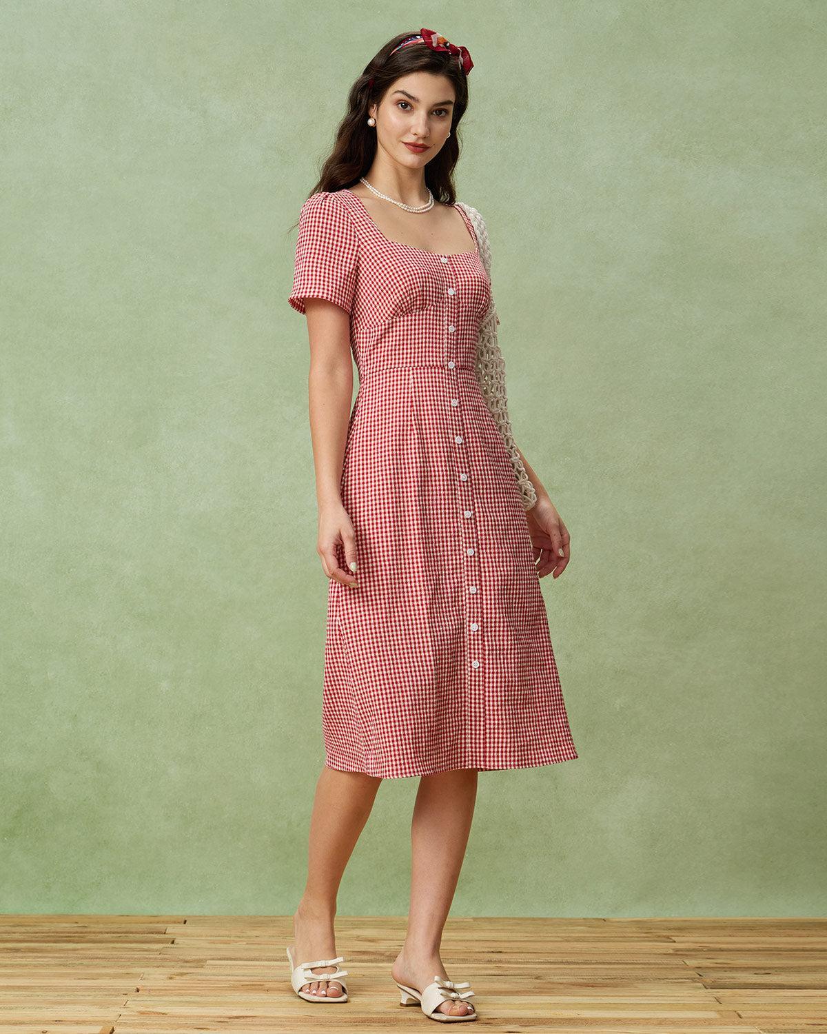 Red Plaid Square Neck Midi Dress Product Image