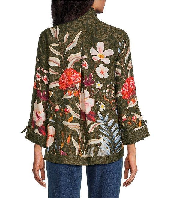 John Mark Petite Size Floral Print Woven Wire Collar 3/4 Cinched Tie Sleeves Button Front Top Product Image