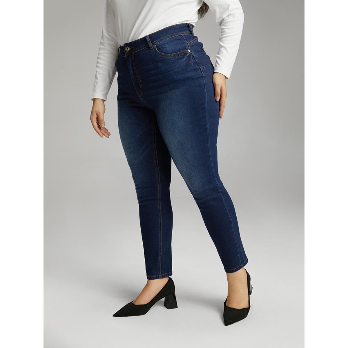 Plus Size Skinny Dark Wash Zipper Fly Jeans Women DarkBlue Casual Plain Plain High stretch Pocket Jeans BloomChic 12/L Product Image