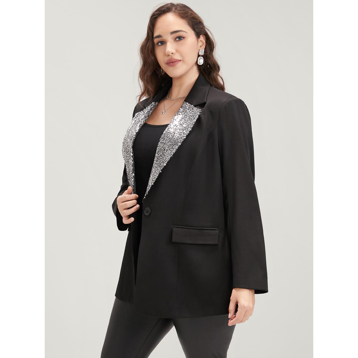 Plus Size Contrast Sequin Suit Collar Flap Pocket Blazer Black Women Going out Plain Patchwork Sleeve Long Sleeve Suit Collar 10/M Pocket Party Blazers BloomChic Product Image