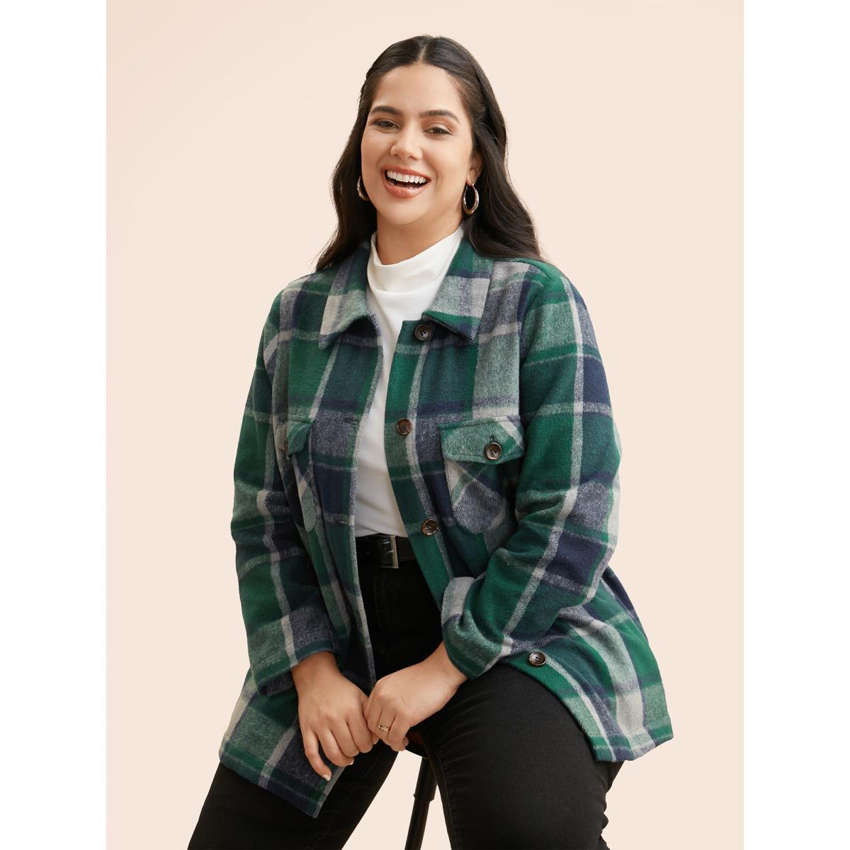 Plus Size Plaid Shirt Collar Patched Pocket Jacket Women DarkGreen Button Loose Slanted pocket Everyday Jackets BloomChic 30/6X Product Image