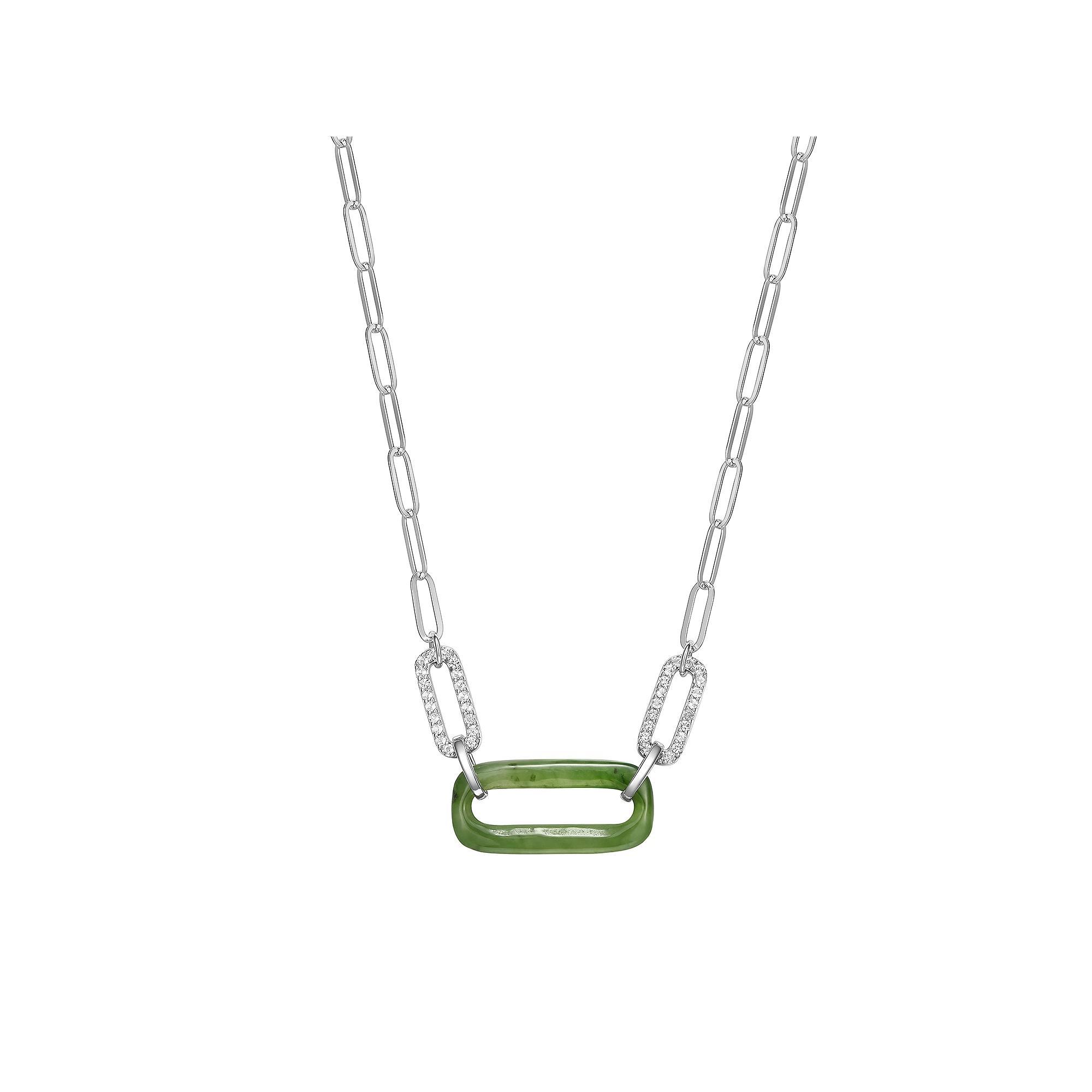 Dynasty Jade Sterling Silver Genuine Nephrite Jade & White Topaz Paperclip Necklace, Women's, Size: 18-20" ADJ Product Image