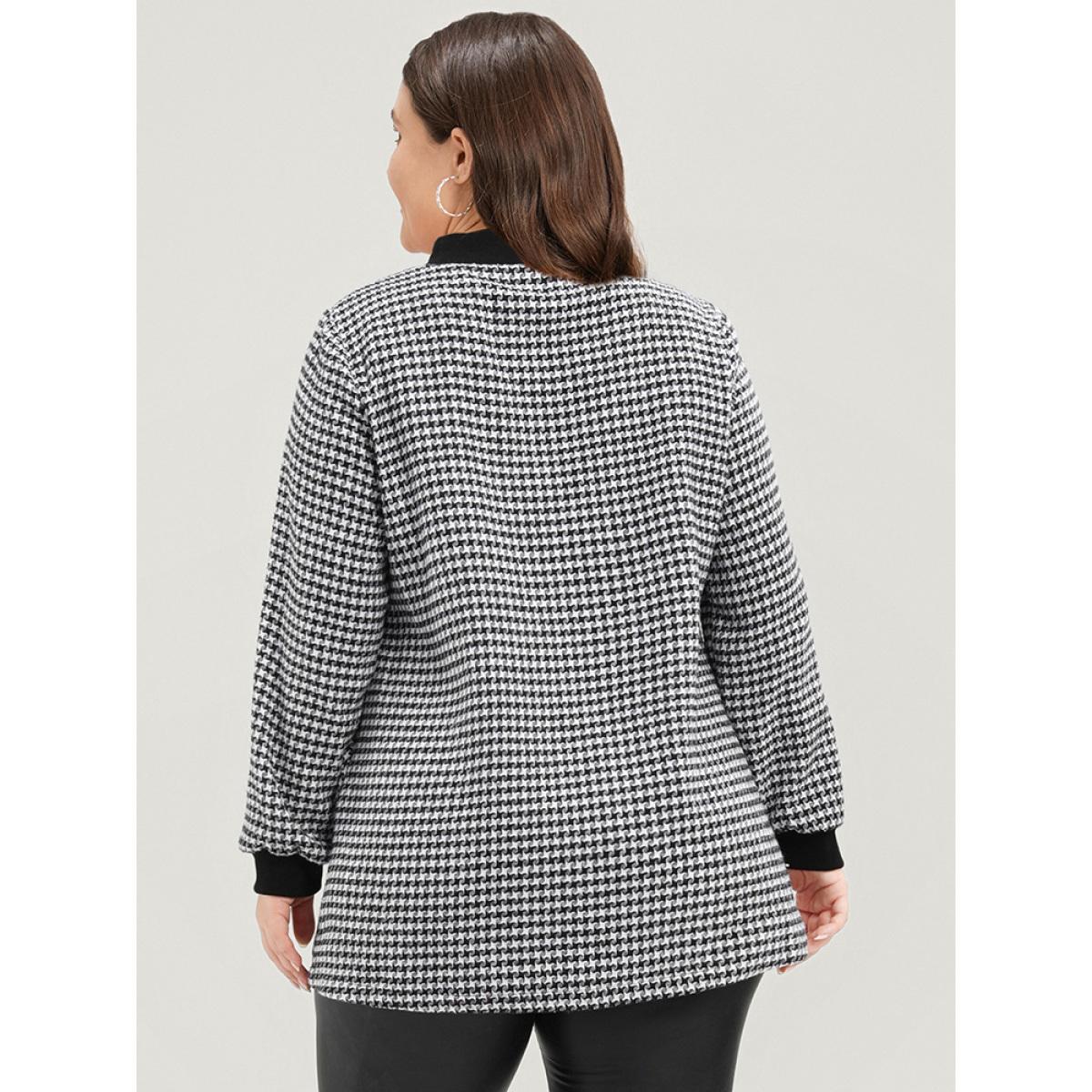 Plus Size Contrast Trim Pocket Mock Neck Houndstooth Sweatshirt Women Black Elegant Contrast Mock Neck Dailywear Sweatshirts BloomChic 28/5X Product Image