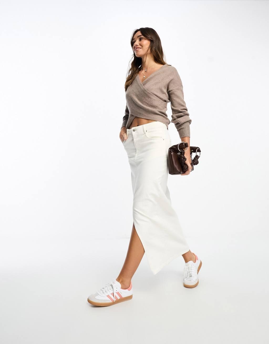 Vila soft wrap front sweater in beige Product Image