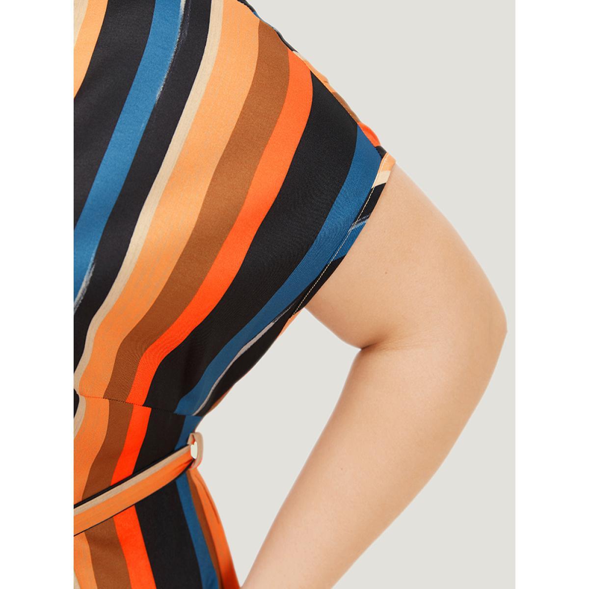 Plus Size Rainbow Striped Batwing Sleeve Pocket Belt Dress Multicolor Women Vacation Contrast V-neck Short sleeve Curvy Knee Dress BloomChic 10/M Product Image