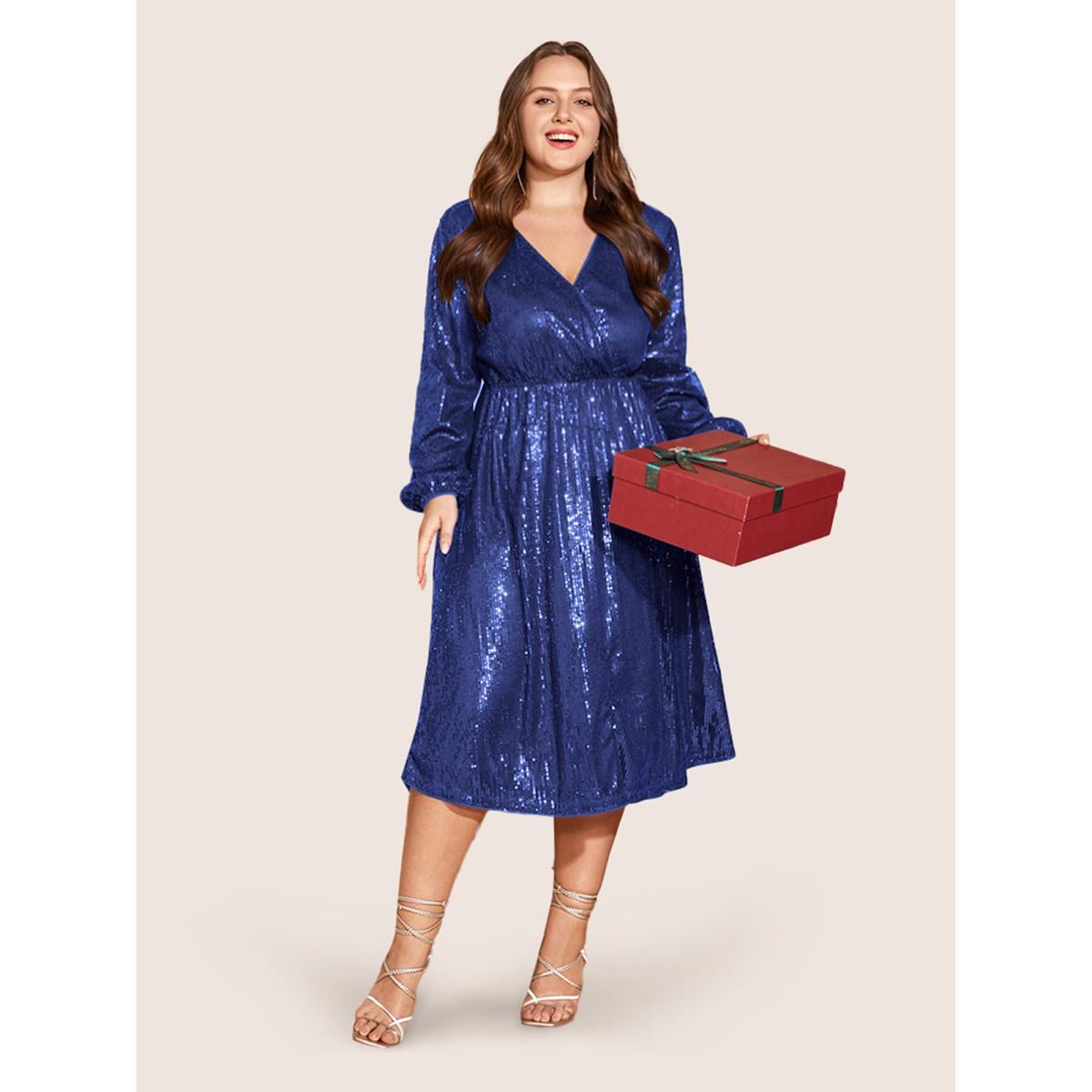 Plus Size Solid Pocket Lantern Sleeve Wrap Sequin Dress Brightblue Women Party Pocket Overlap Collar Long Sleeve Curvy Midi Dress BloomChic 14-16/1X Product Image