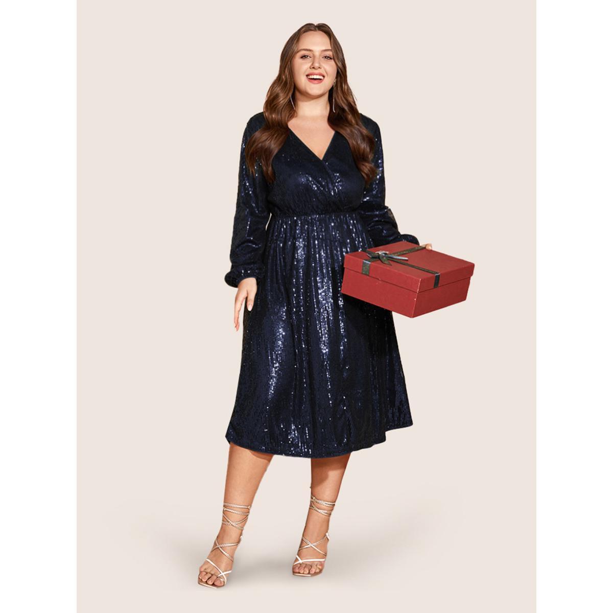 Plus Size Solid Pocket Lantern Sleeve Wrap Sequin Dress Deeppurplered Women Party Pocket Overlap Collar Long Sleeve Curvy Midi Dress BloomChic 10/M Product Image