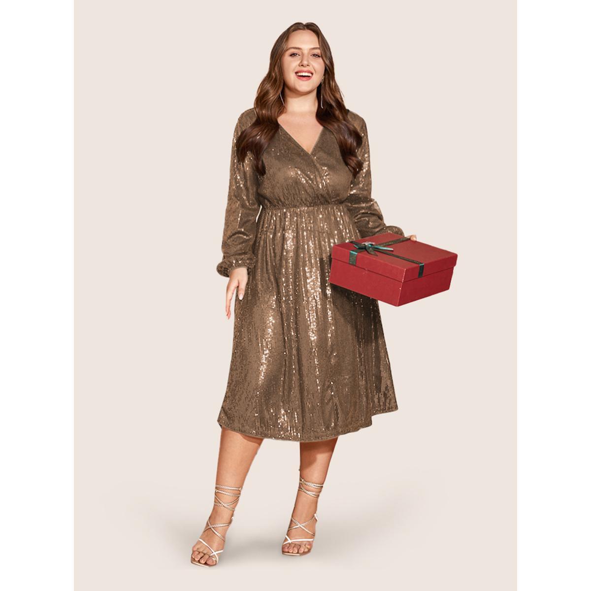 Plus Size Solid Pocket Lantern Sleeve Wrap Sequin Dress Bronze Women Party Pocket Overlap Collar Long Sleeve Curvy Midi Dress BloomChic 14-16/1X Product Image