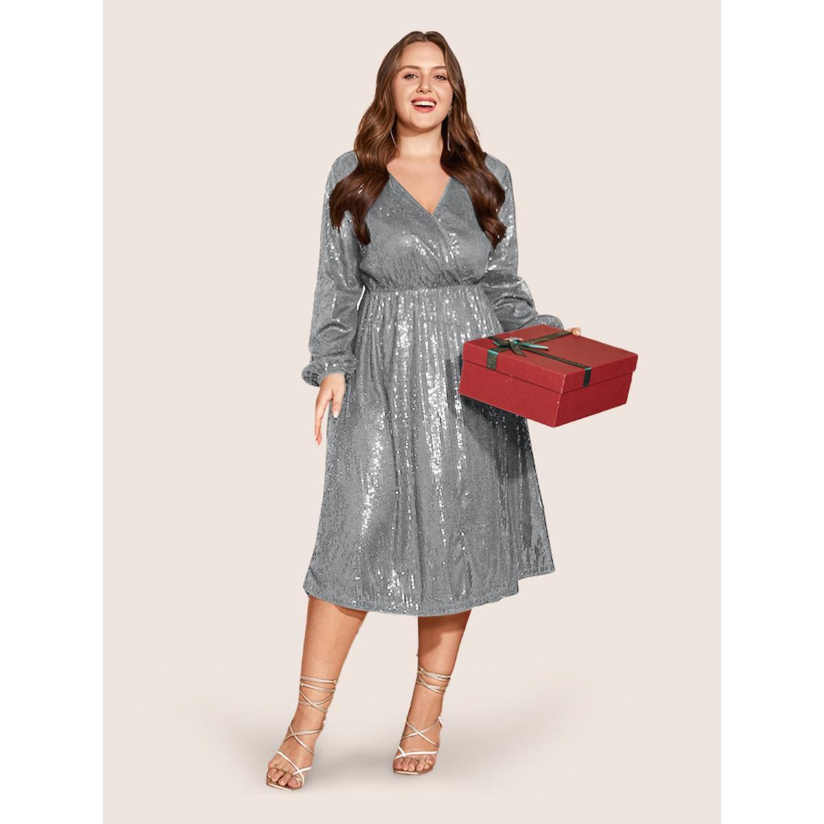 Plus Size Solid Pocket Lantern Sleeve Wrap Sequin Dress LightGray Women Party Pocket Overlap Collar Long Sleeve Curvy Midi Dress BloomChic 30/6X Product Image