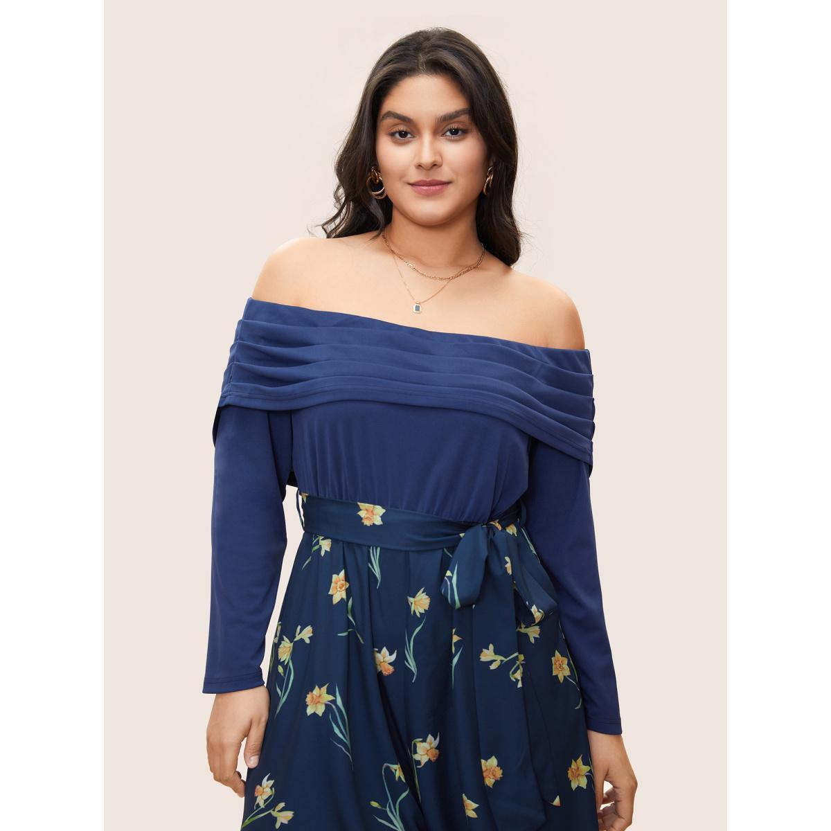 Plus Size Indigo Off Shoulder Floral Patchwork Ruched Belted Jumpsuit Women Elegant Long Sleeve One-shoulder neck Everyday Loose Jumpsuits BloomChic 22-24/3X Product Image