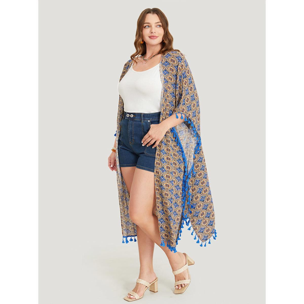 Plus Size Bandana Batwing Sleeve Tassels Trim Split Open Front Kimono Women Aegean Vacation Loose Belt Dailywear Kimonos BloomChic 14-16/1X Product Image