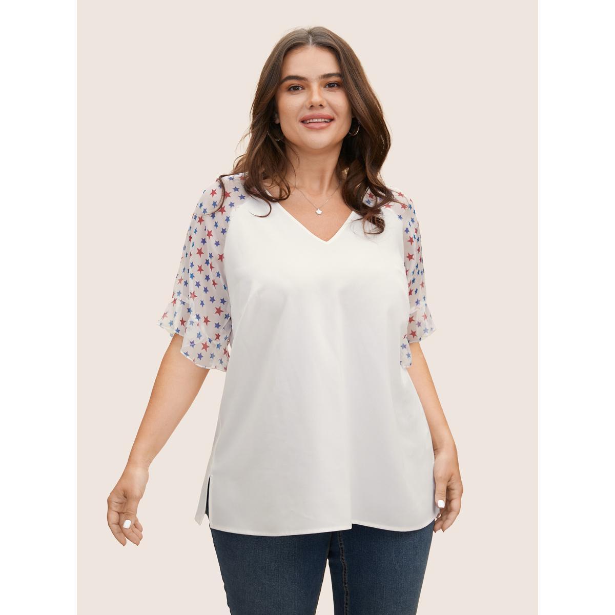 Plus Size DarkBlue Star & Striped Ruffles Raglan Sleeve Blouse Women Casual Short sleeve V-neck Everyday Blouses BloomChic 14-16/1X Product Image