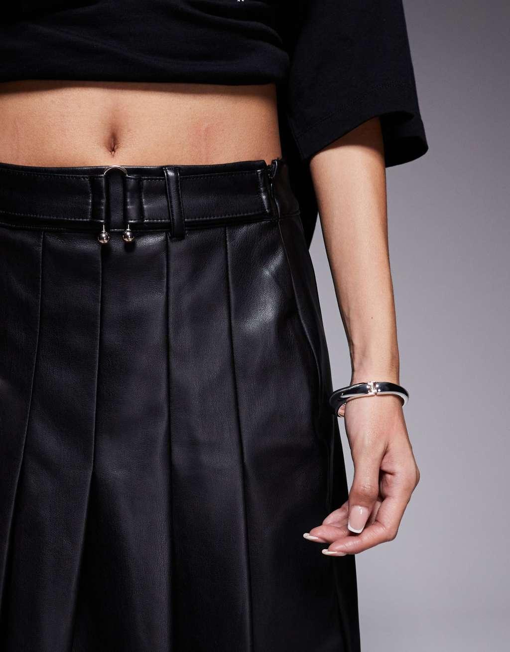River Island faux leather pleated midi skirt in black Product Image