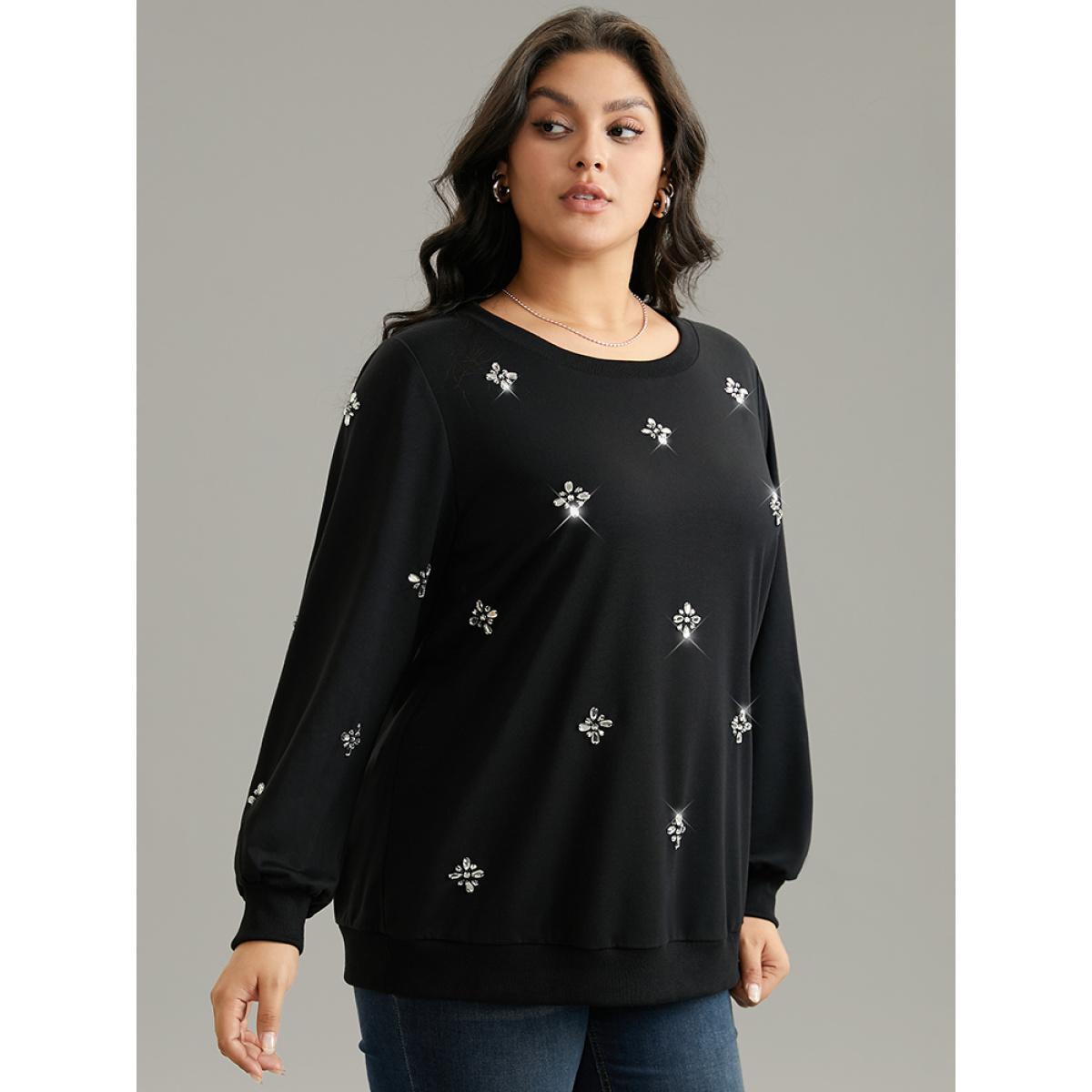 Plus Size Beaded Floral Elastic Cuffs Sweatshirt Women Black Elegant Beaded Round Neck Dailywear Sweatshirts BloomChic 10/M Product Image