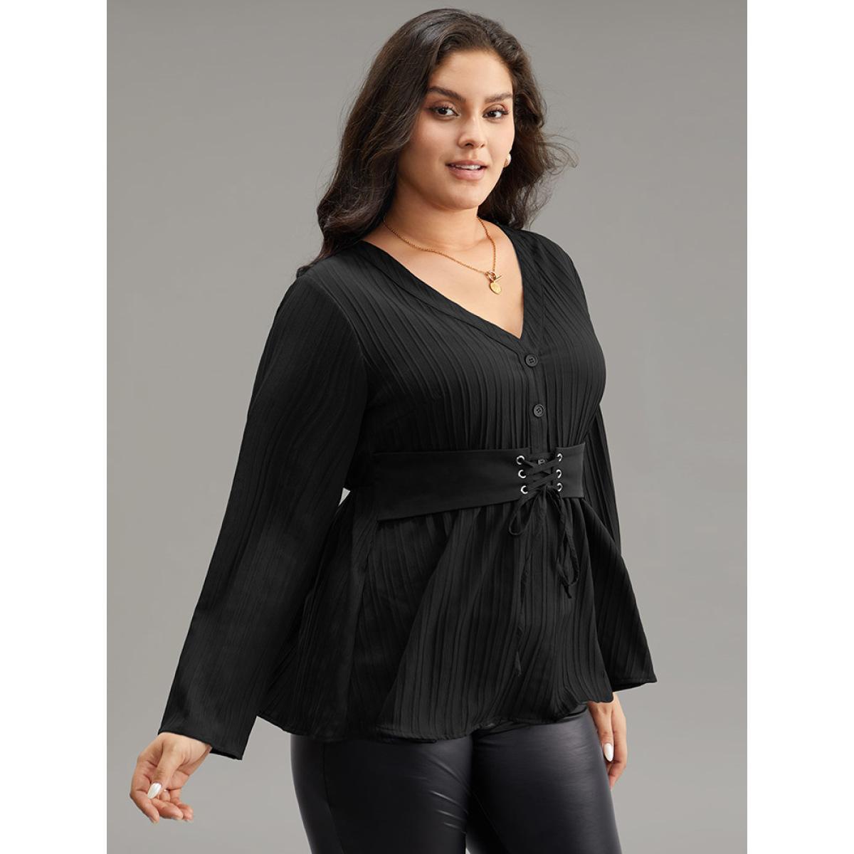 Plus Size Black Solid Textured Button Detail Lace Up Blouse Women At the Office Long Sleeve V-neck Work Blouses BloomChic 26/4X Product Image