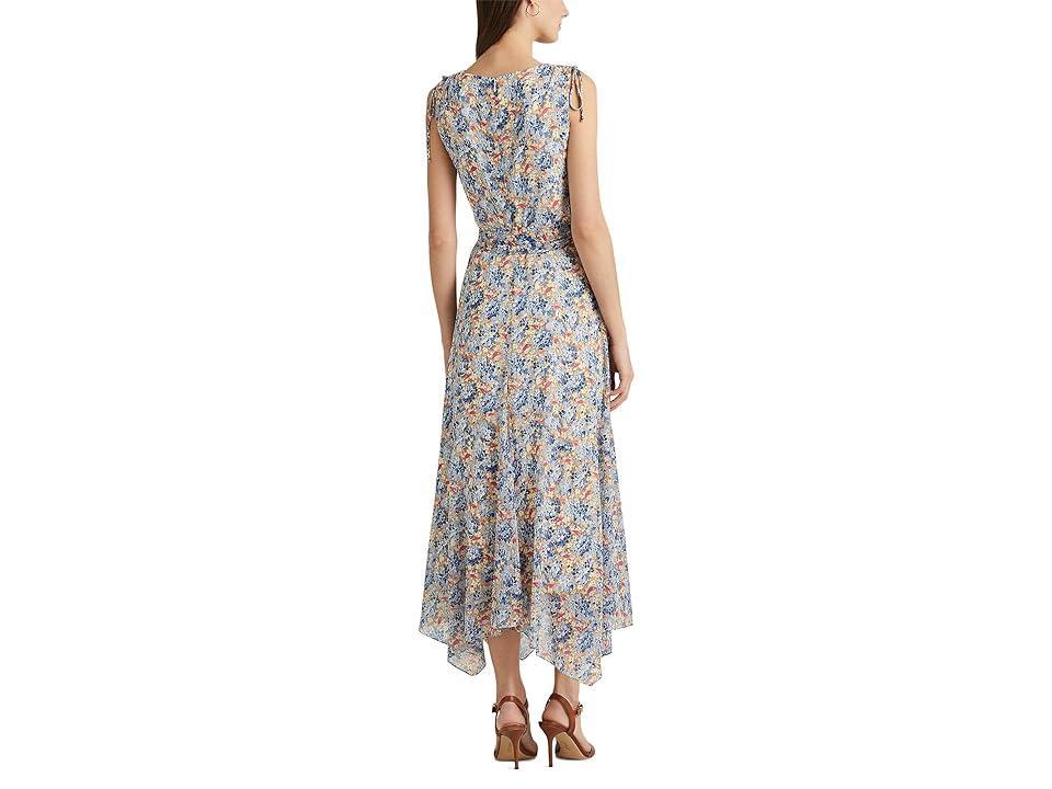 Lauren Ralph Lauren Floral Belted Crinkle Georgette Dress (Blue/Pink Multi) Women's Dress Product Image