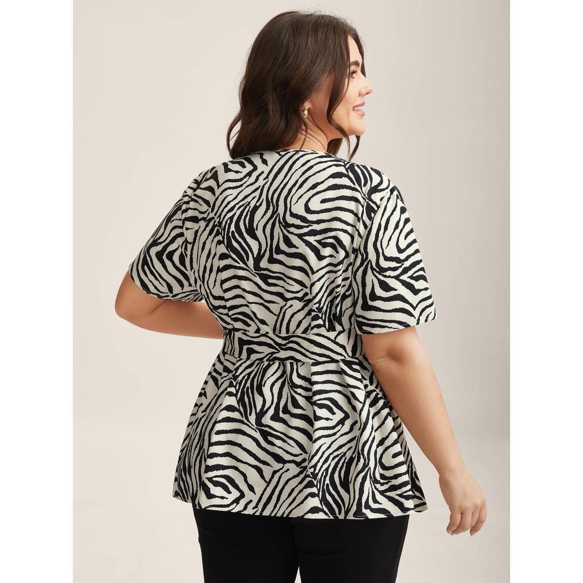 Plus Size Originalwhite Zebra Print Wrap Tie Flowy Blouse Women Short sleeve Overlap Collar Work Blouses BloomChic 14-16/1X Product Image