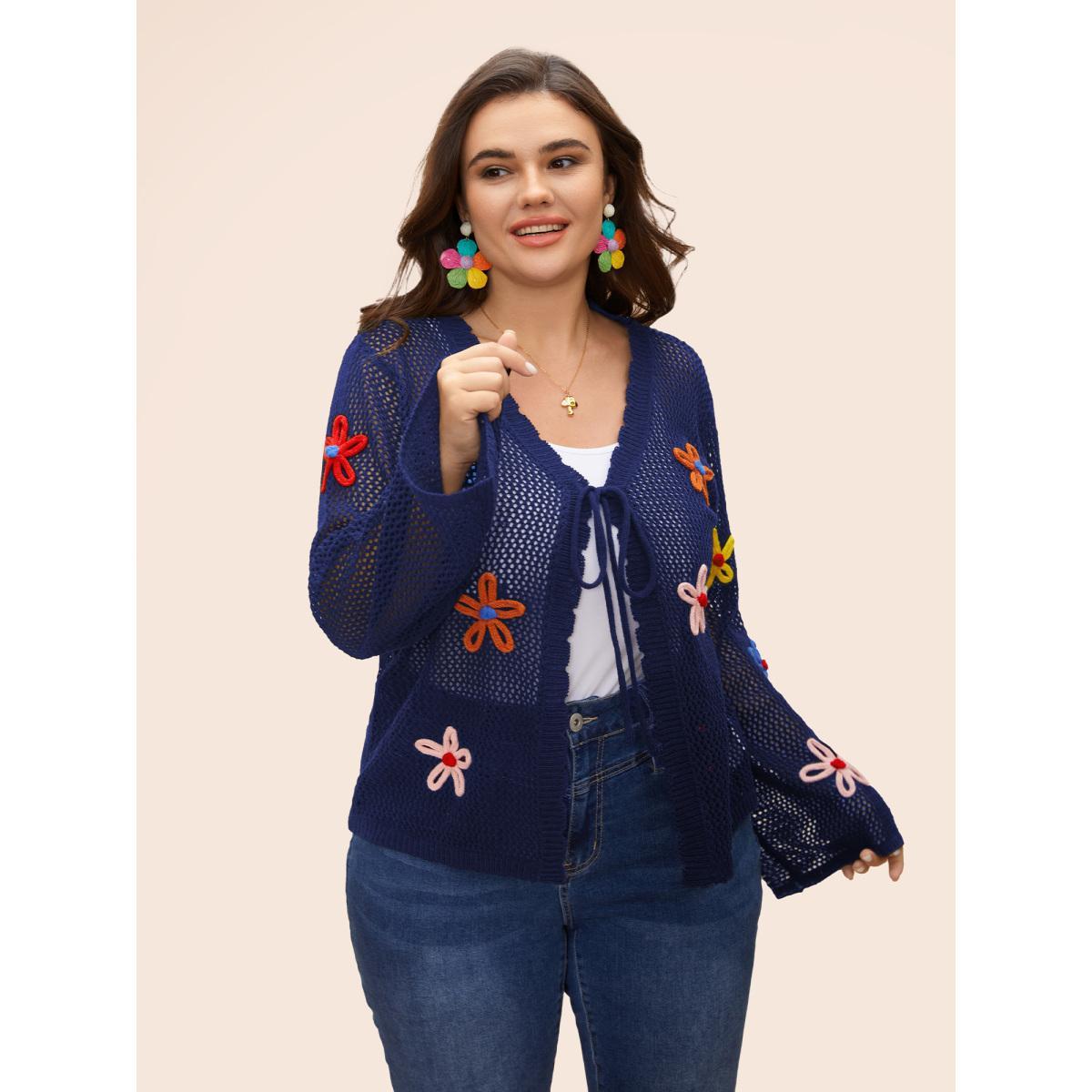 Plus Size Knit Floral Front Tie Cardigan Indigo Women Casual Loose Long Sleeve Everyday Cardigans BloomChic 18-20/2X Product Image