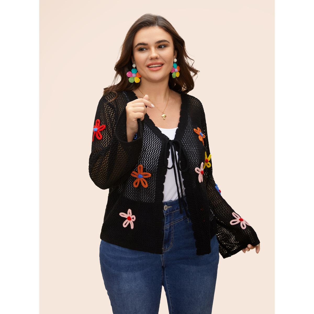 Plus Size Knit Floral Front Tie Cardigan Black Women Casual Loose Long Sleeve Everyday Cardigans BloomChic 28/5X Product Image
