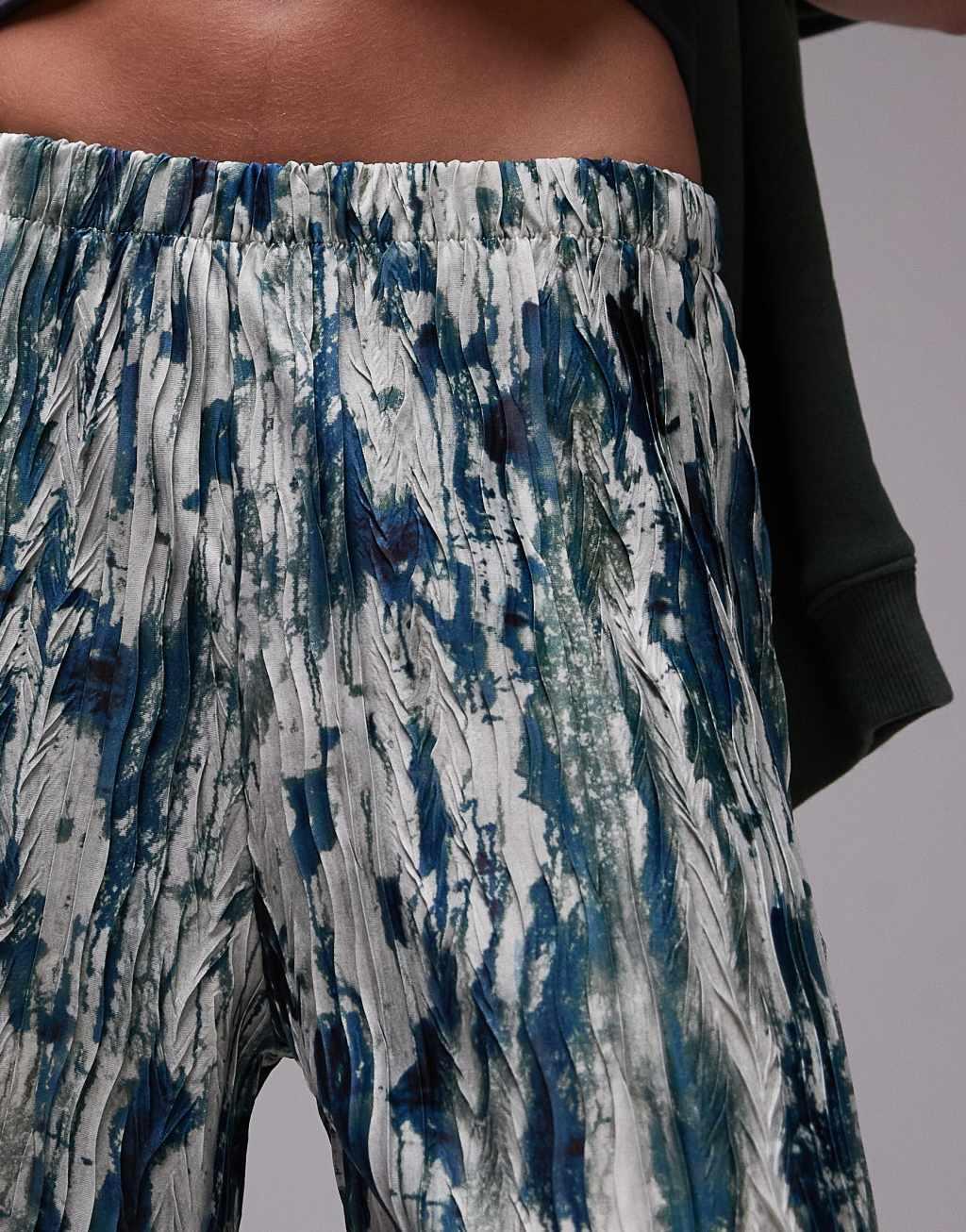 Topshop ink spill print plisse wide leg pants in multi Product Image