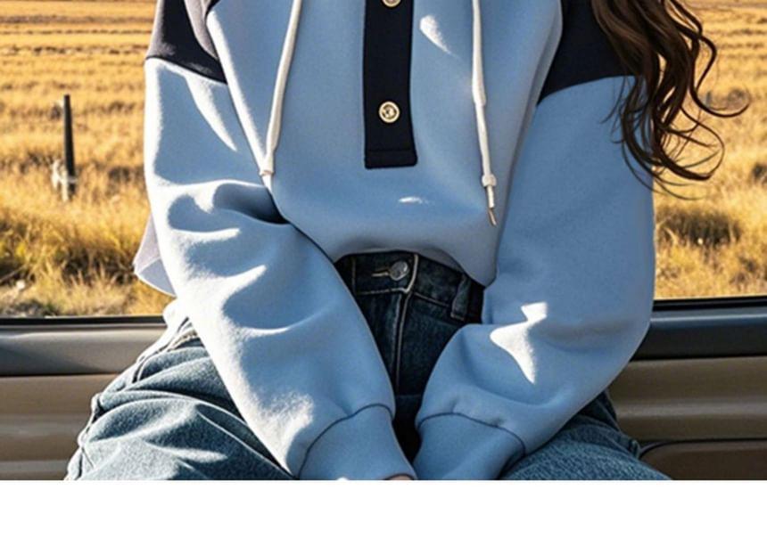 Raglan-Sleeve Henley Two Tone Drawstring Hoodie Product Image