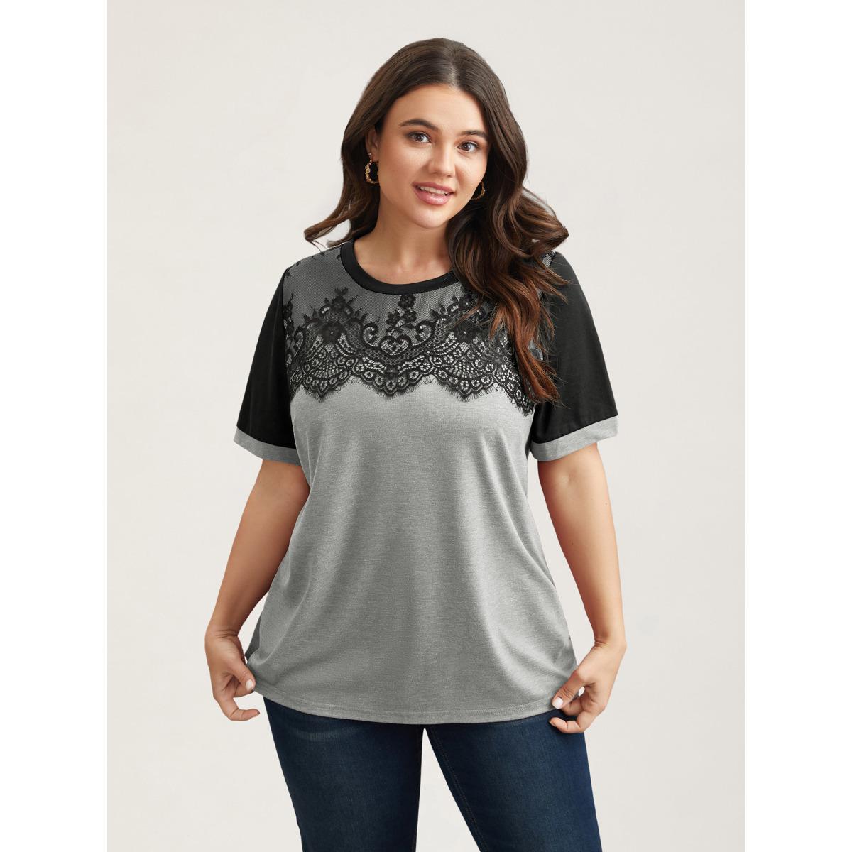 Plus Size Stretchy Scalloped Lace Color Contrast T-Shirt LightGray Women Elegant Contrast Round Neck Everyday T-shirts BloomChic 14-16/1X Product Image