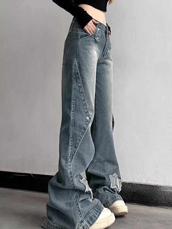 Distressed Patch Splice Ripped Boyfriend Jeans Product Image