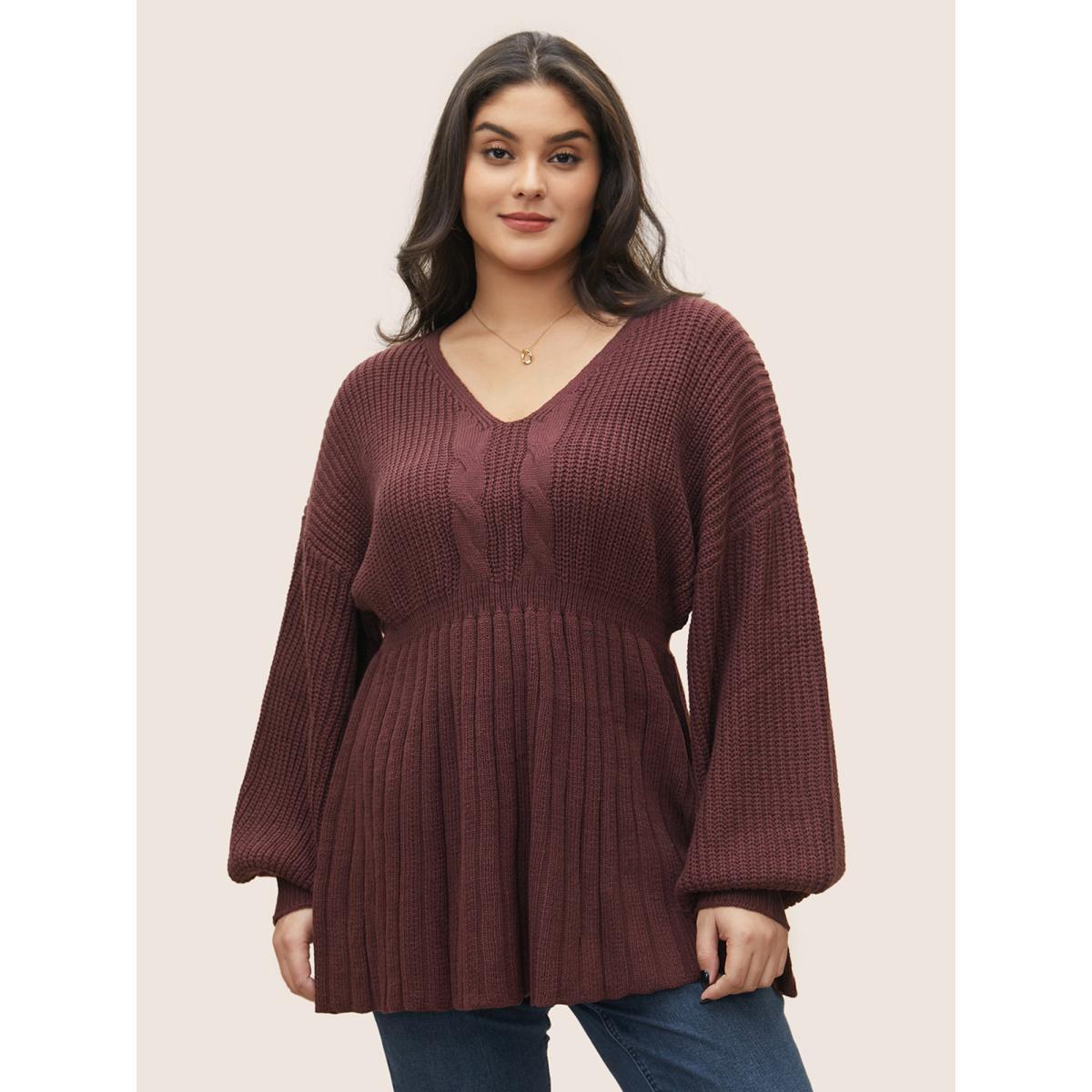 Plus Size Solid Cable Knit Elastic Waist Pullover Maroon Women Casual Long Sleeve V-neck Everyday Pullovers BloomChic 18-20/2X Product Image
