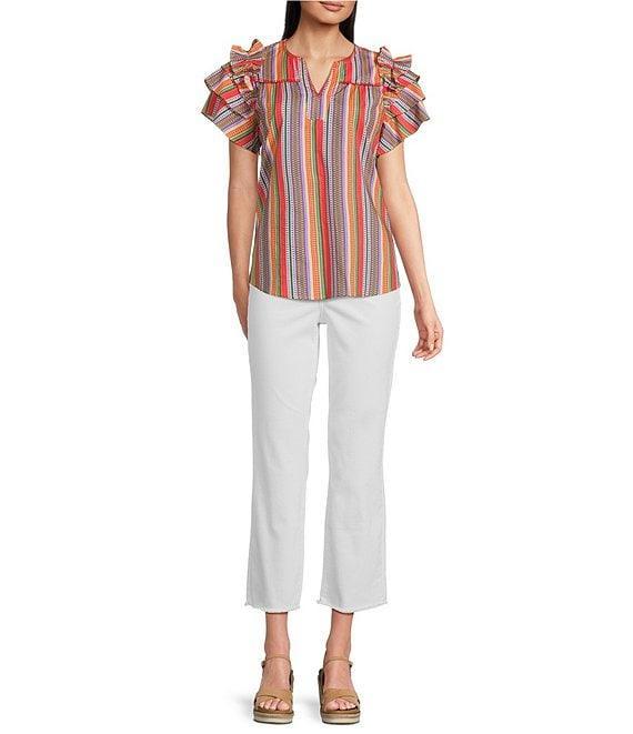 Calessa Petite Size Multi Stripe Split V-Neck Short Ruffle Sleeve Tunic Product Image