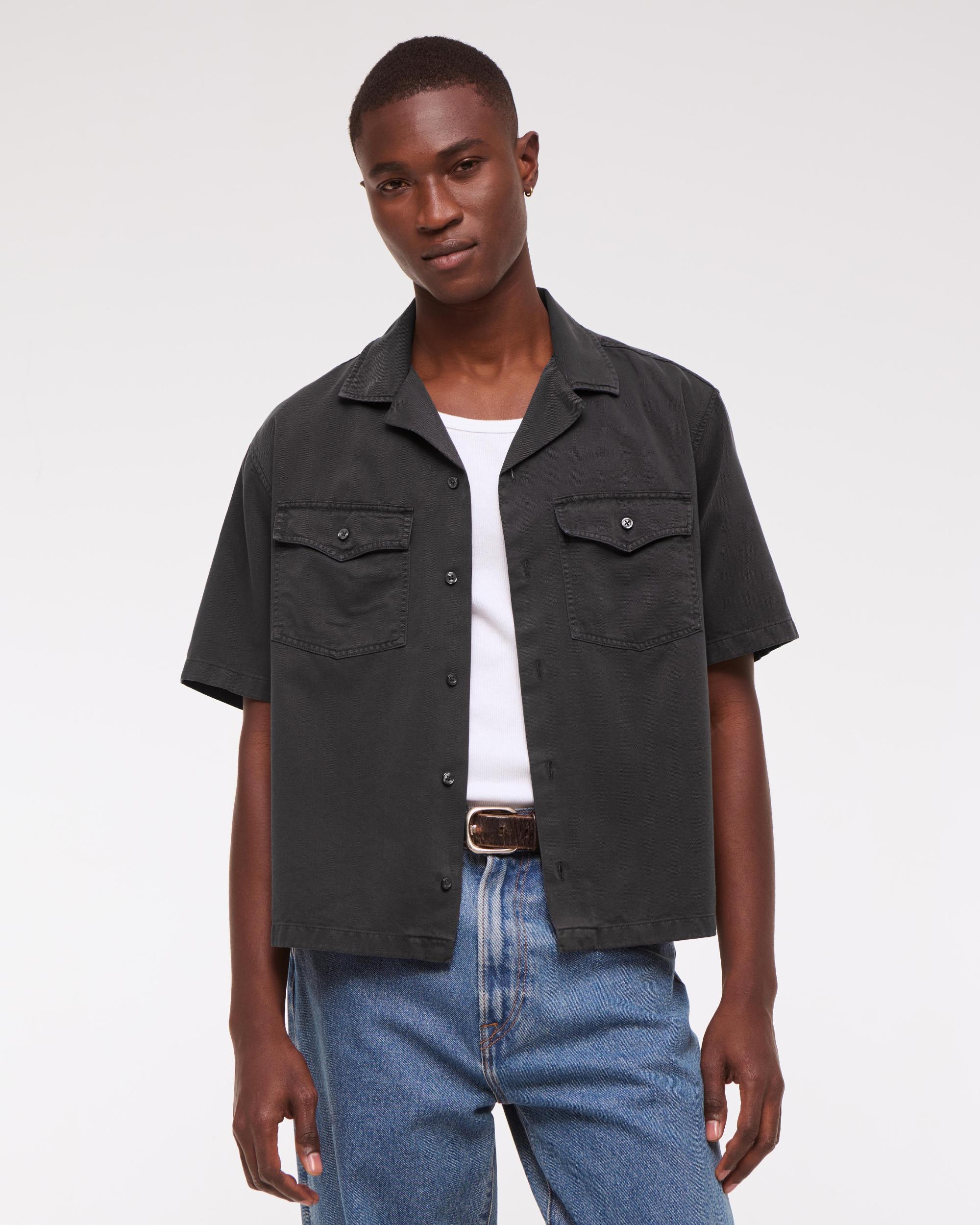 Short-Sleeve Cropped Pabst Workwear Button-Up Shirt Product Image