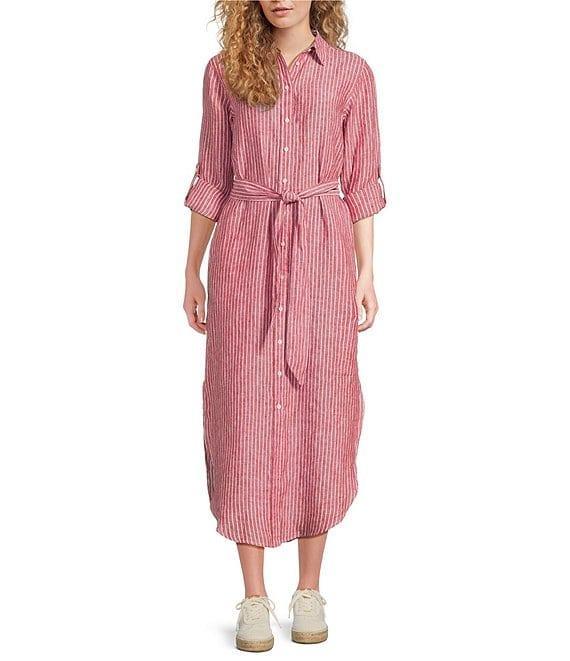 Lauren Ralph Lauren Kiredel Stripe Linen Point Collar Roll-Tab Sleeves Belted Button Front Midi Shirt Dress Product Image