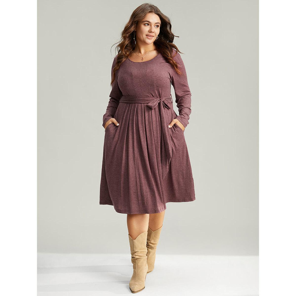 Plus Size Plain Pleated Hem Belted Long Sleeve Dress DustyPink Women Elegant Plain Round Neck Long Sleeve Curvy Midi Dress BloomChic 28/5X Product Image