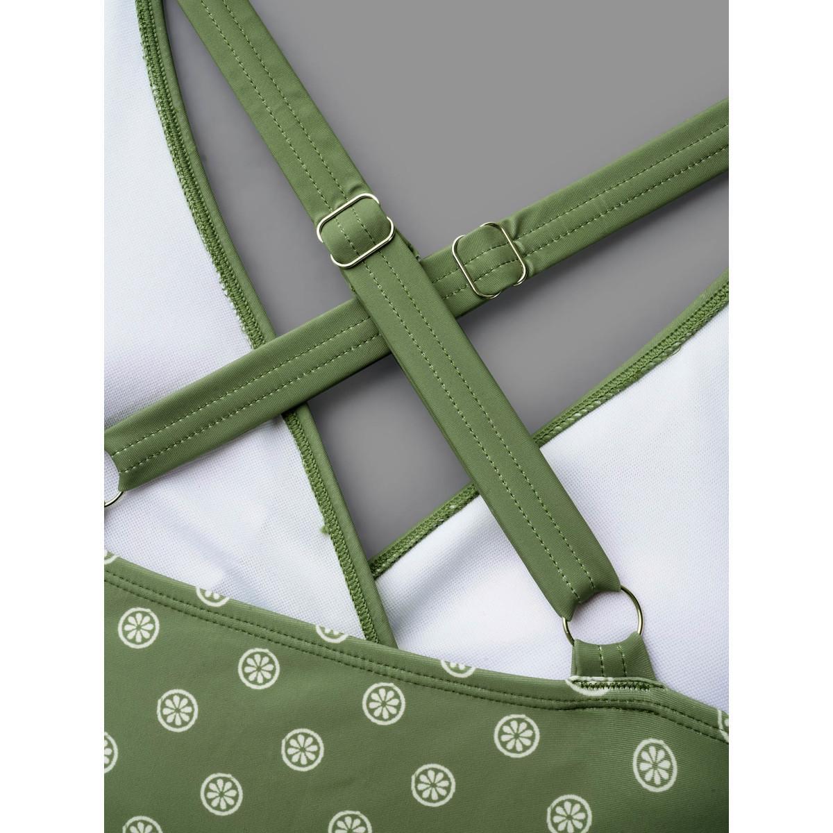 Plus Size Boho Print Waist-Tie Surplice Neck Swim Dress Women's Swimwear Greenbean Beach Bodycon Overlap Collar High stretch Curve Swim Dresses BloomChic 12/L Product Image