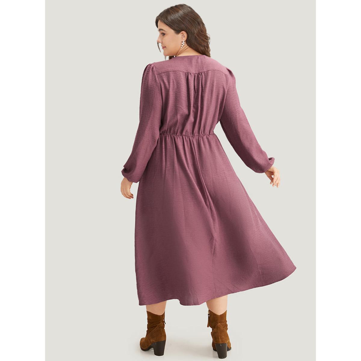 Plus Size Twill Gathered Button Detail Lantern Sleeve Dress DustyPink Women Casual Elastic cuffs V-neck Long Sleeve Curvy Midi Dress BloomChic 12/L Product Image