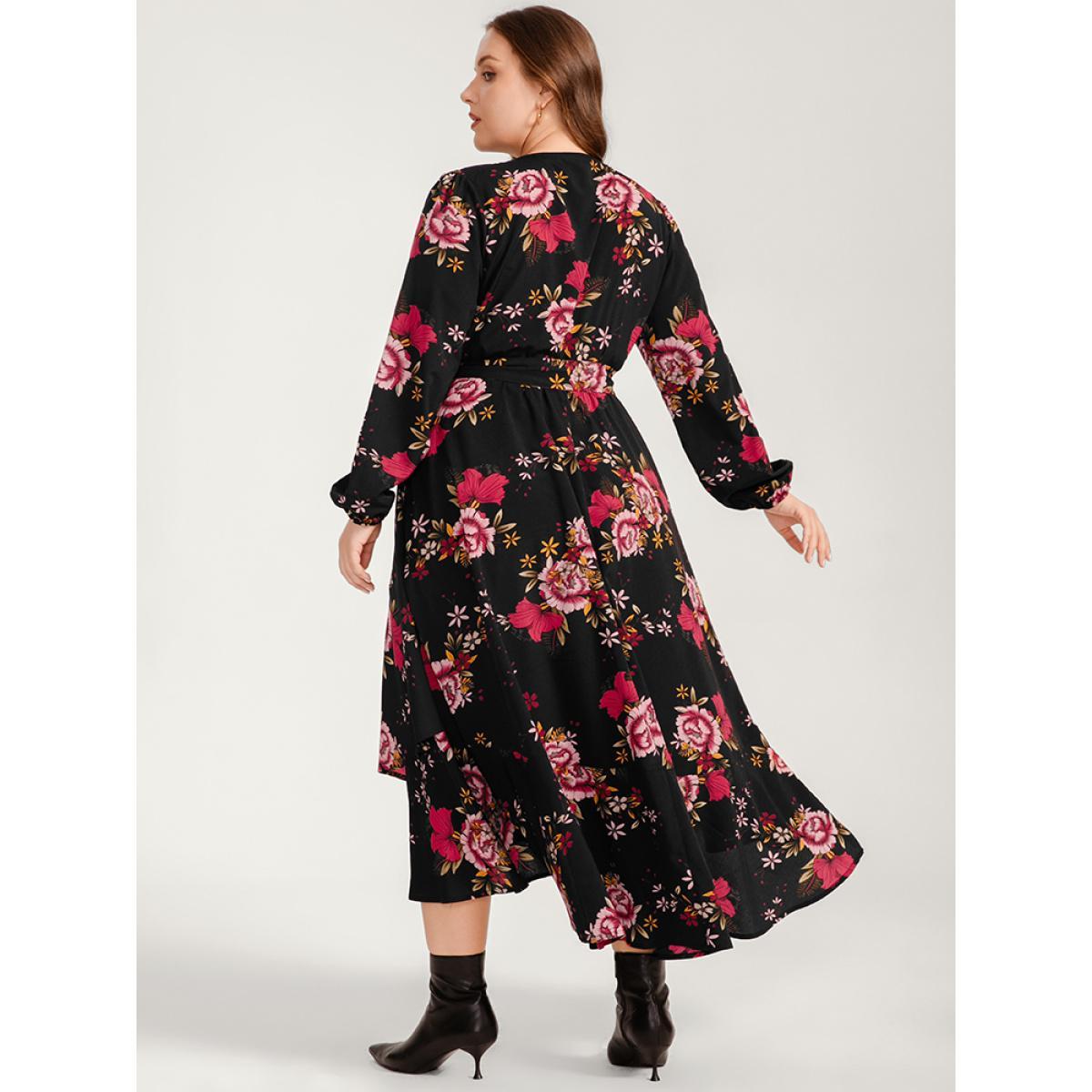 Plus Size Floral Ruffle Lantern Sleeve Pocket Belted Asymmetrical Hem Dress Black Women Elegant Cross straps V-neck Long Sleeve Curvy Long Dress BloomChic 28/5X Product Image