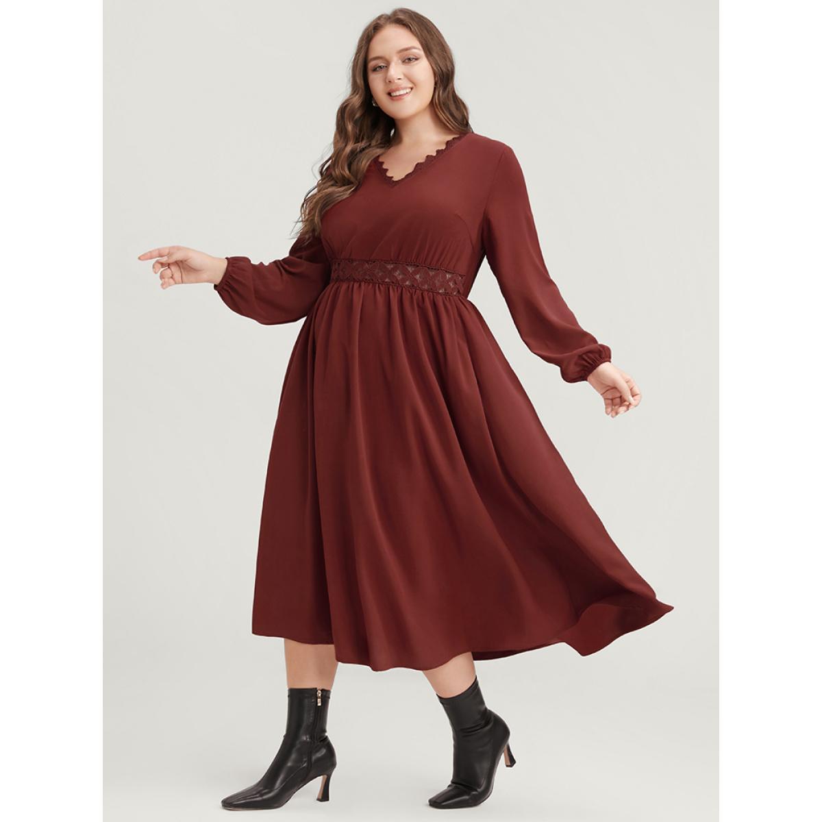 Plus Size Solid Pocket Lace Insert Lantern Sleeve Flutter Dress Scarlet Women Elegant V-neck Long Sleeve Curvy Midi Dress BloomChic 14-16/1X Product Image
