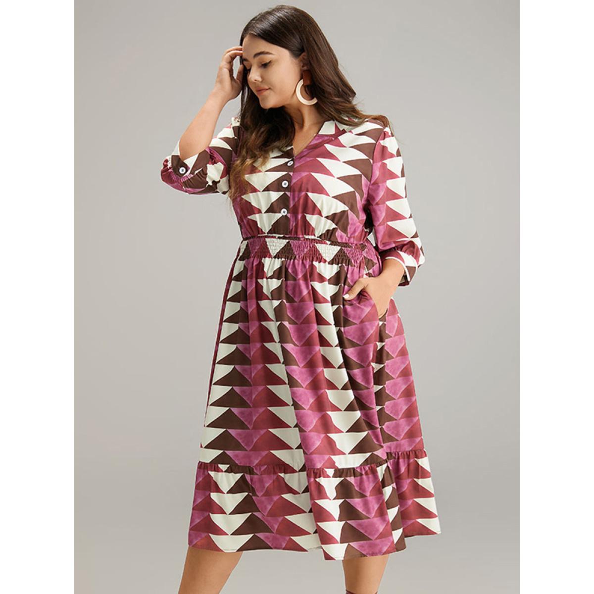 Plus Size Geometric Shirred Button Up Ruffle Hem Dress RedViolet Women Vacation Printed Notched collar Elbow-length sleeve Curvy Midi Dress BloomChic 18-20/2X Product Image