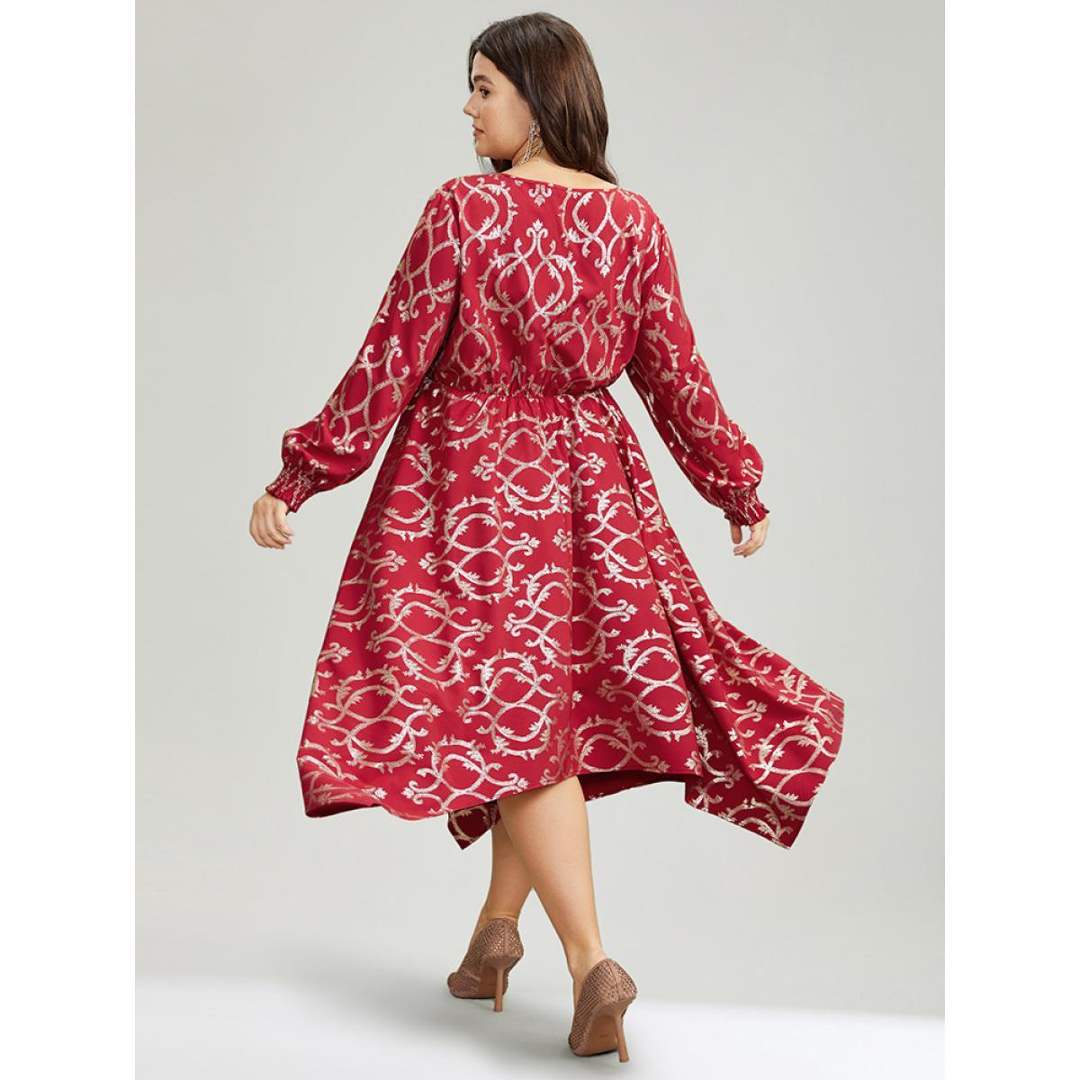 Plus Size Geometric Glitter Shirred Hanky Hem Dress Raspberry Women Party Printed Round Neck Long Sleeve Curvy Midi Dress BloomChic 28/5X Product Image