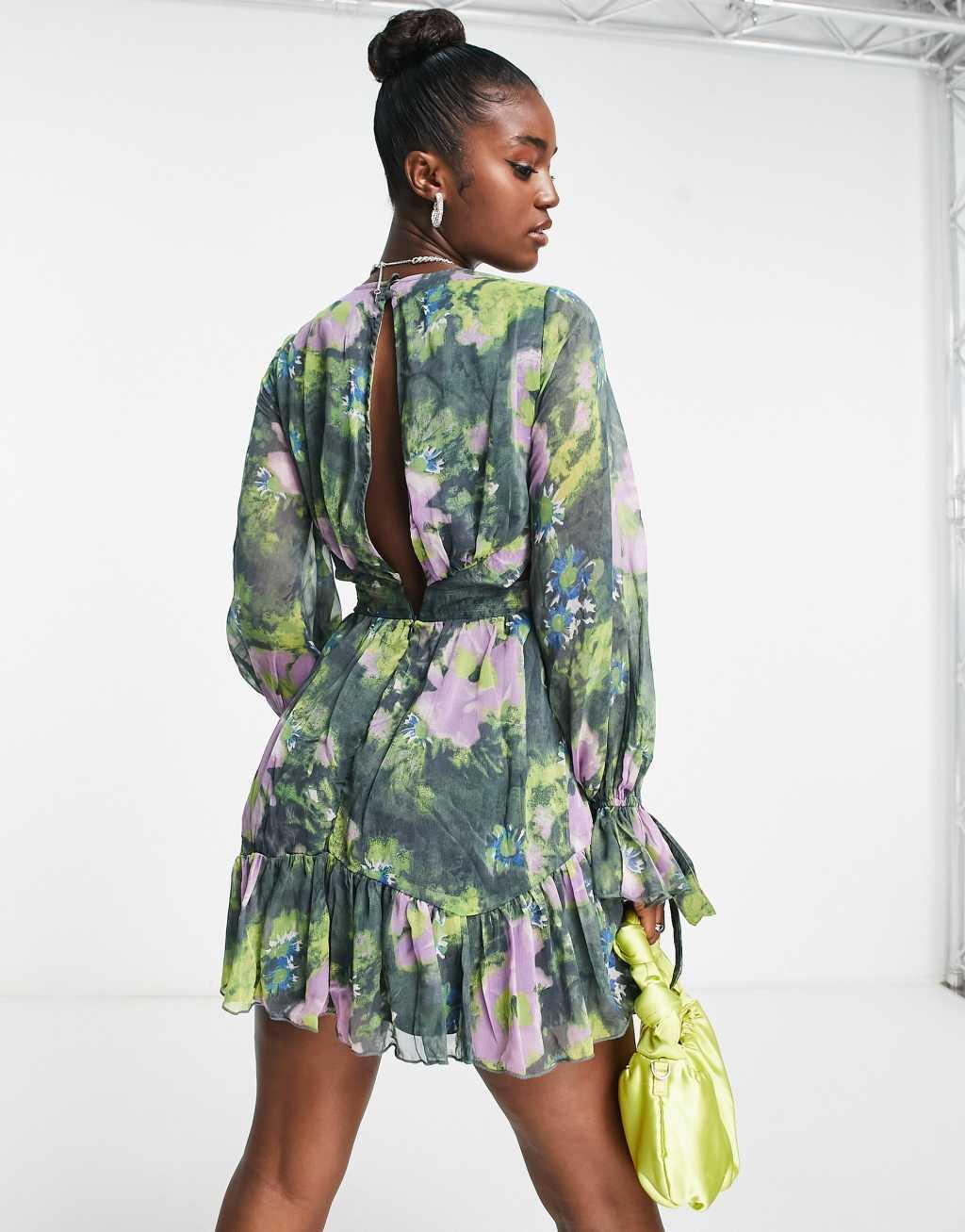 ASOS DESIGN tie front soft mini dress with cuff and waist detail Product Image