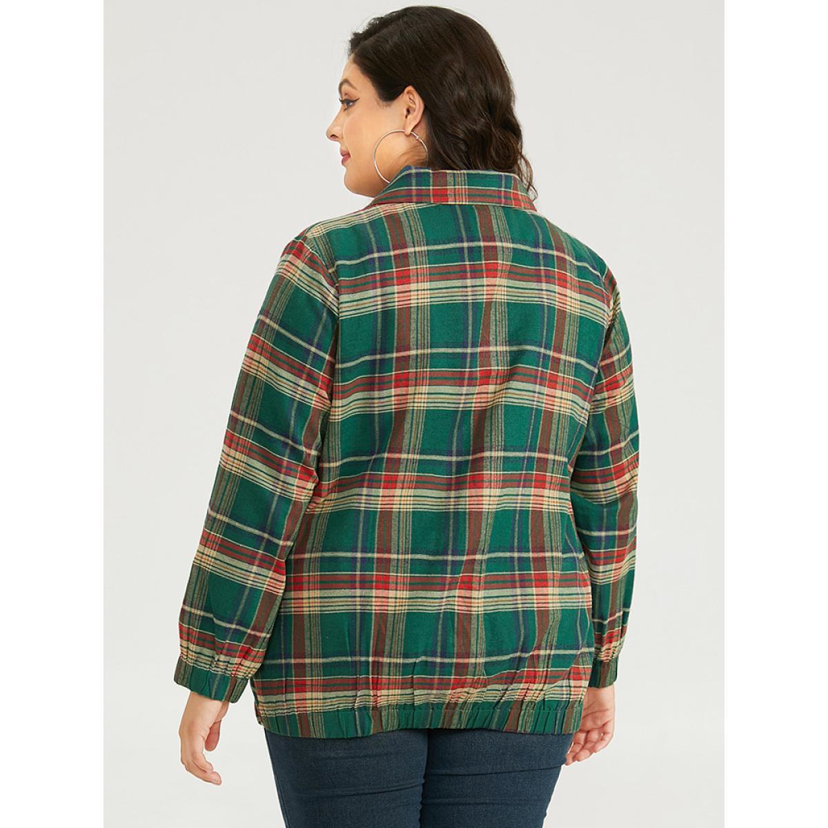 Plus Size Plaid Contrast Zipper Pocket Jacket Women Emerald Elastic cuffs Pocket Dailywear Jackets BloomChic 12/L Product Image
