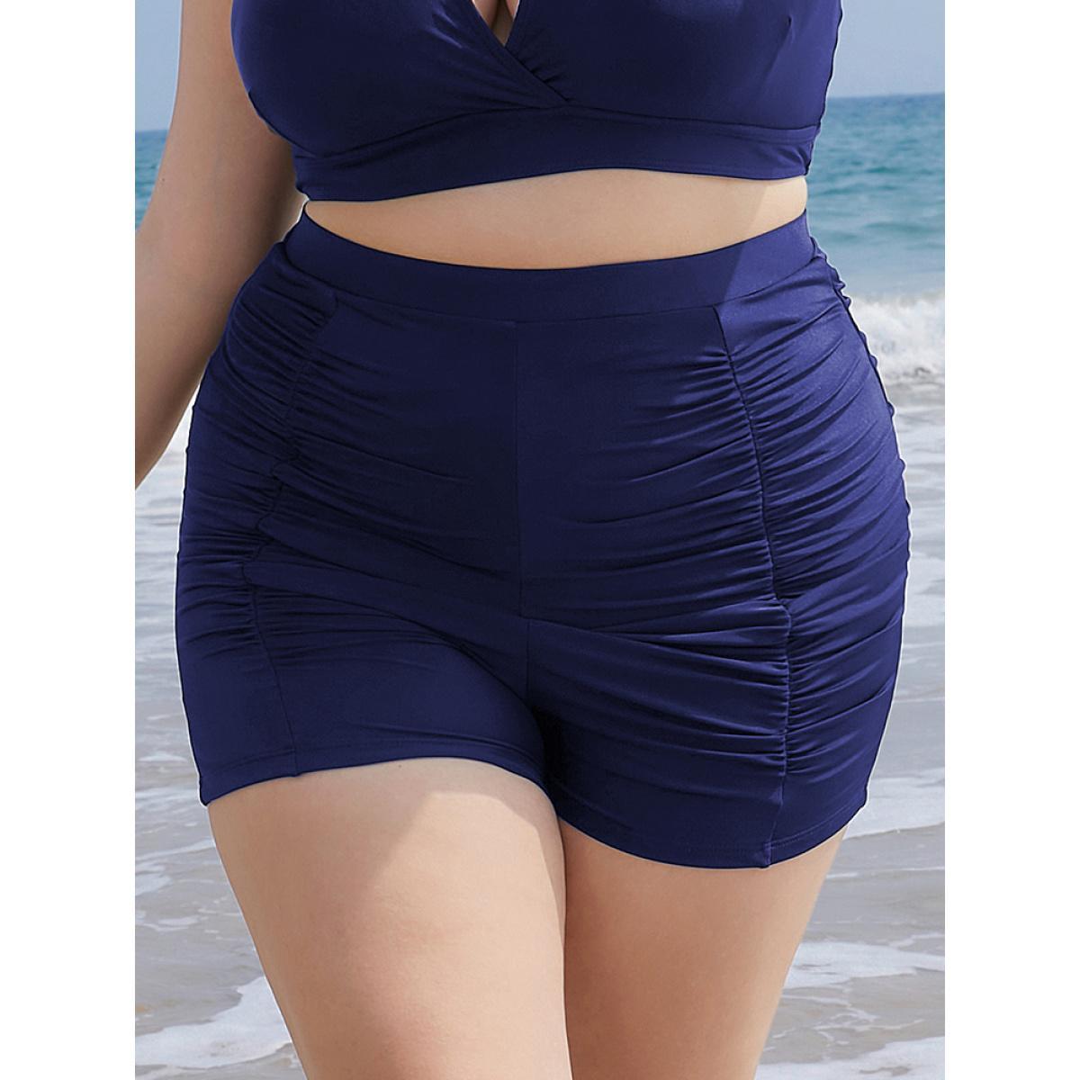 Plus Size Solid High Waist Ruched Detail Swim Shorts Women's Swimwear Indigo Beach Gathered High stretch Skinny High Rise Curve Swim Bottoms BloomChic 30/6X Product Image