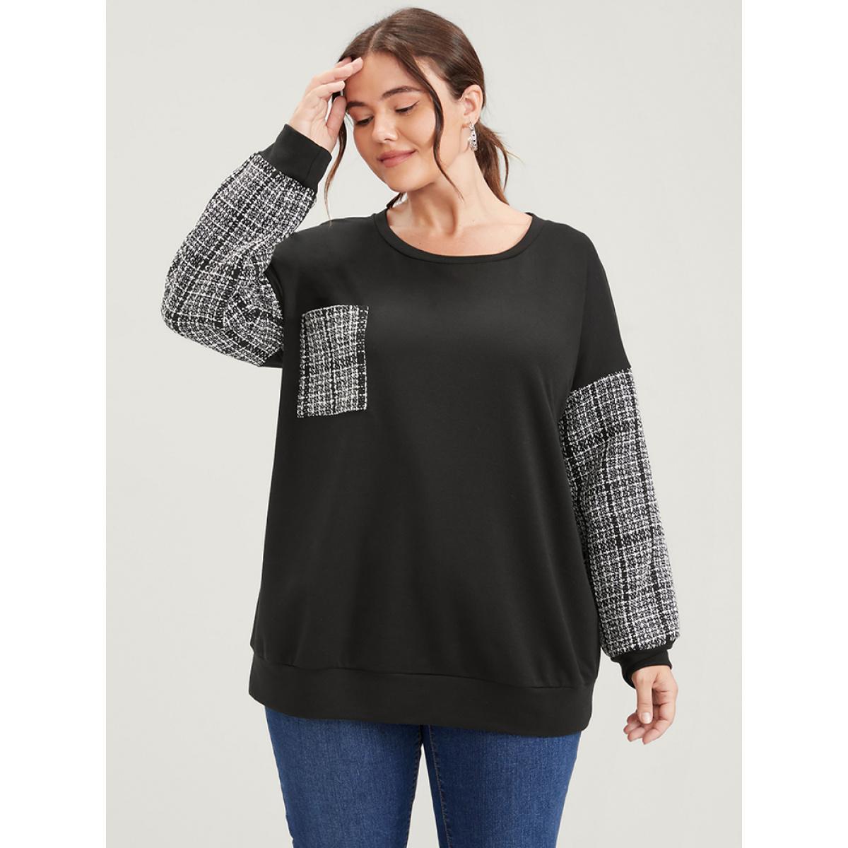 Plus Size Colorblock Contrast Pocket Raw Trim Drop Shoulder Sweatshirt Women Black Casual Patchwork Round Neck Dailywear Sweatshirts BloomChic 18-20/2X Product Image