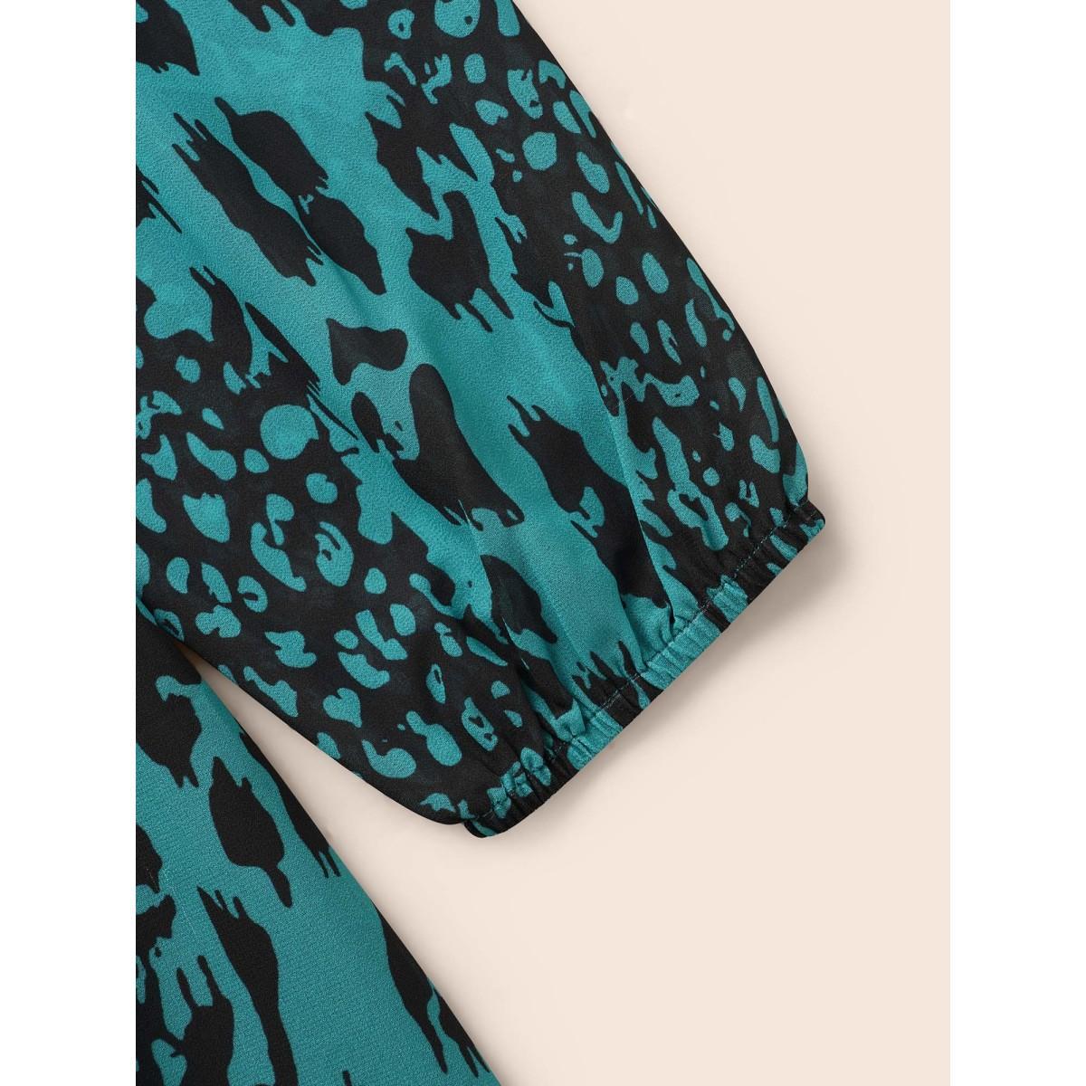 Plus Size Leopard Print Elastic Waist Tie Knot Dress Teal Women Elegant Tie knot Ribbon-tied collar Long Sleeve Curvy BloomChic 28/5X Product Image