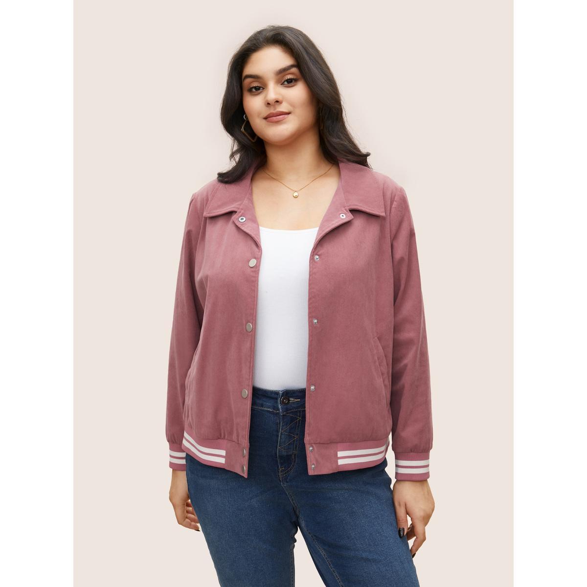 Plus Size Contrast Trim Button Through Rib Knit Jacket Women DustyPink Non Slanted pocket Everyday Jackets BloomChic 30/6X Product Image
