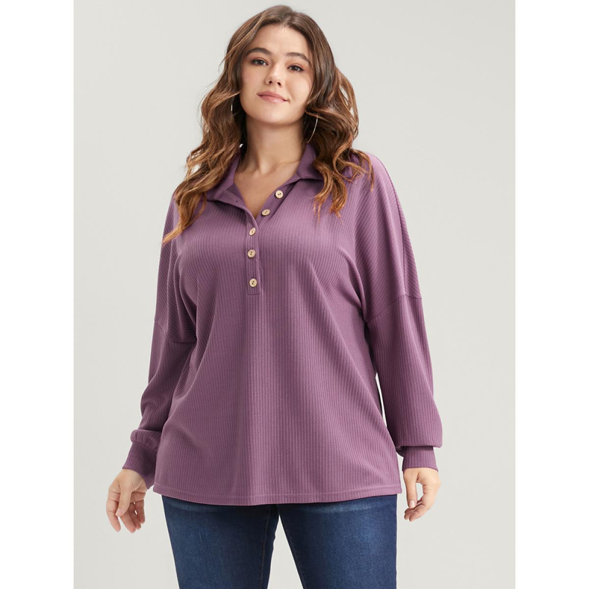 Plus Size Solid Polo Neck Rib Knit Long Tee Mauve Women Elegant Plain Shirt collar Loose Dailywear T-shirts BloomChic 22-24/3X Product Image
