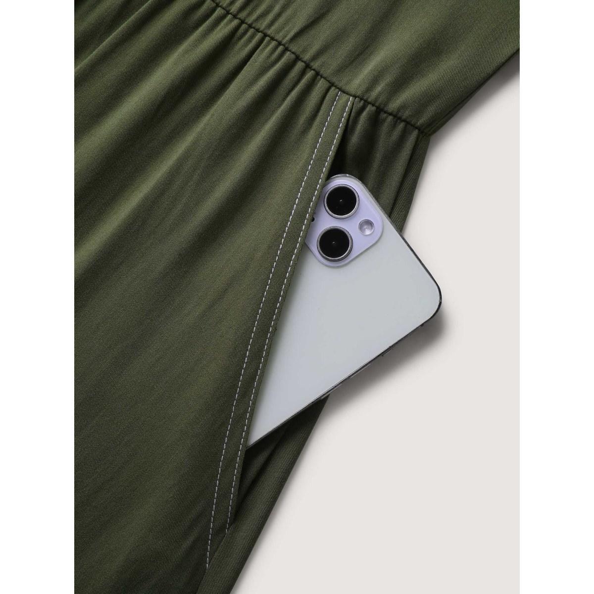Plus Size Monochrome Zipper Front Pockets Midi Dress ArmyGreen Women V-neck Short sleeve Curvy BloomChic 22-24/3X Product Image