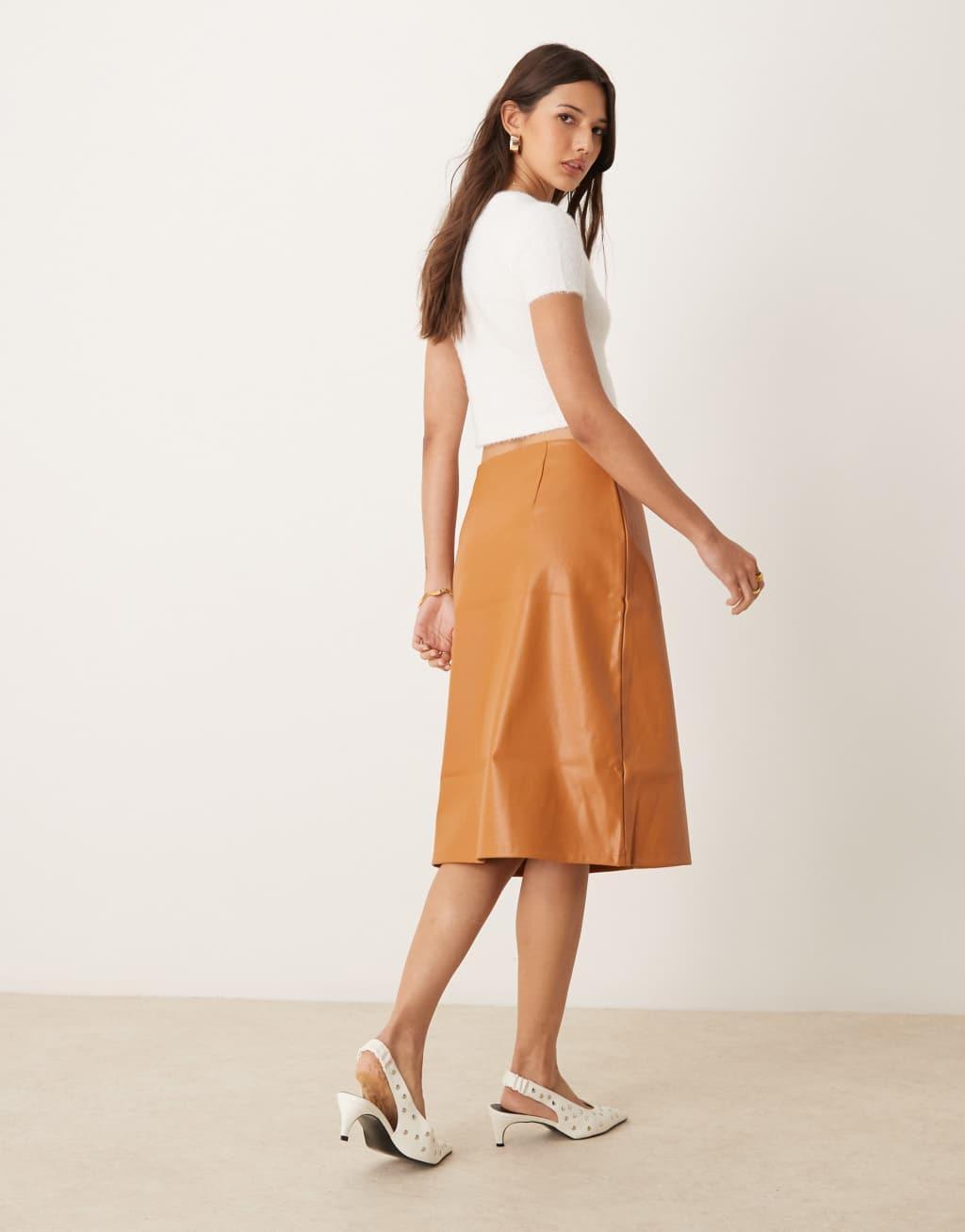 ASOS DESIGN faux leather split front midi skirt in tan Product Image
